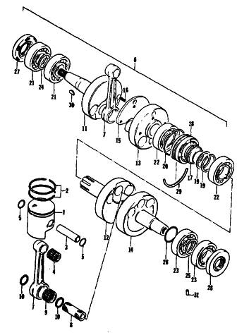 Parts Diagram for Arctic Cat 1977 Z 440 SNOWMOBILE PISTON AND CRANKSHAFT