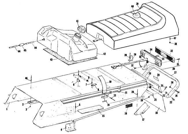Parts Diagram for Arctic Cat 1978 JAG 2000 SNOWMOBILE BODY, GAS TANK, TAILLIGHT & SEAT