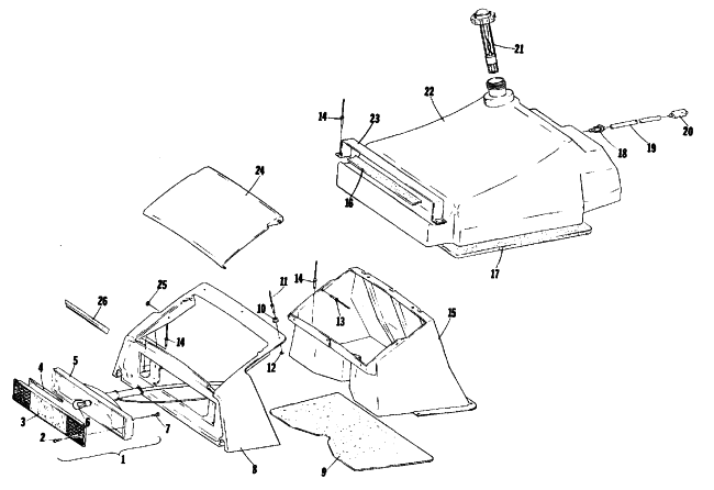 Parts Diagram for Arctic Cat 1978 PANTERA F/C SNOWMOBILE TOOLBOX AND FUEL SYSTEM