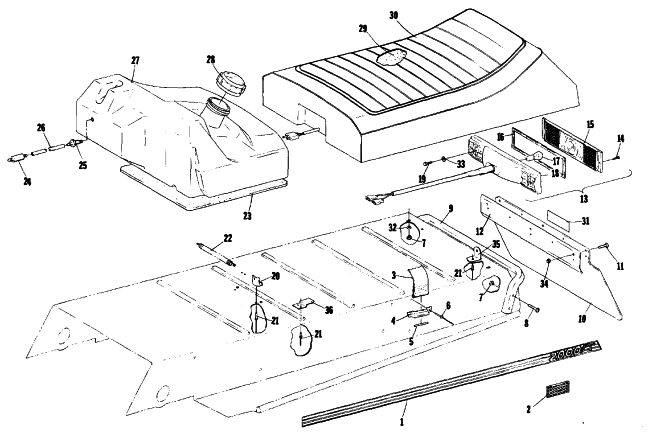 Parts Diagram for Arctic Cat 1979 LYNX SINGLE SNOWMOBILE TAILLIGHT, GAS TANK AND SEAT