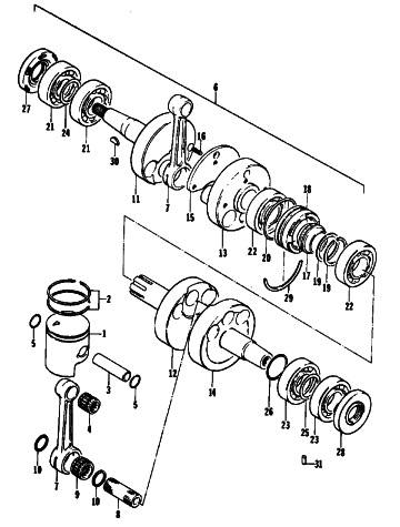 Parts Diagram for Arctic Cat 1979 EL TIGRE L/C SNOWMOBILE PISTON AND CRANKSHAFT