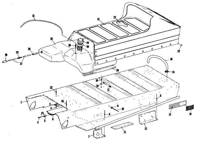 Parts Diagram for Arctic Cat 1979 EL TIGRE F/A SNOWMOBILE TUNNEL, GAS TANK AND SEAT