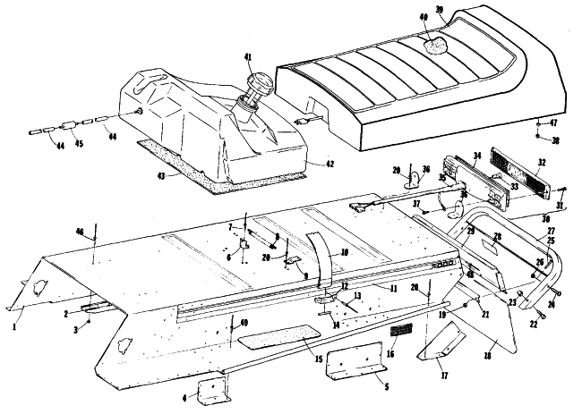 Parts Diagram for Arctic Cat 1979 JAG 2000 F/A SNOWMOBILE BODY, GAS TANK, TAILLIGHT & SEAT