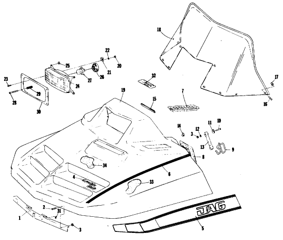 Parts Diagram for Arctic Cat 1980 JAG 2000 F/A SNOWMOBILE HOOD