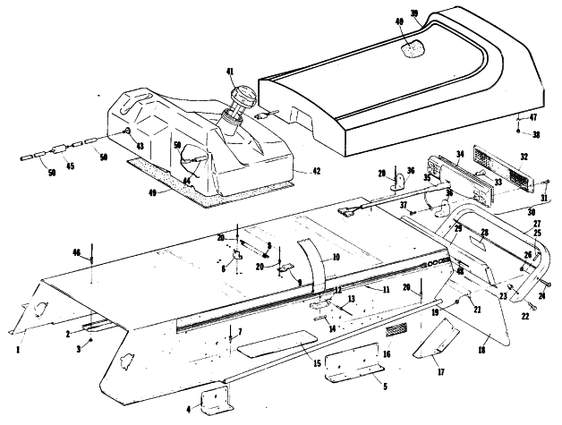 Parts Diagram for Arctic Cat 1980 JAG 2000 F/A SNOWMOBILE BODY, GAS TANK, TAILLIGHT & SEAT