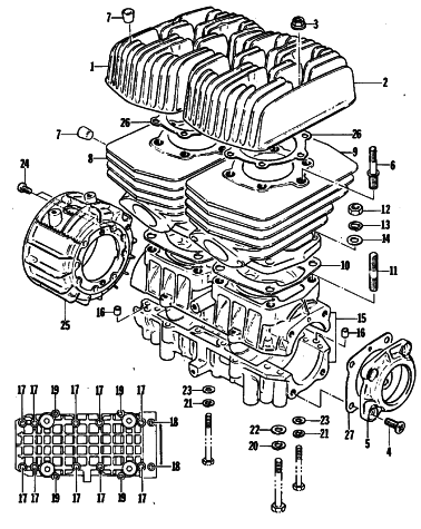 Parts Diagram for Arctic Cat 1980 EL TIGRE F/A SNOWMOBILE CRANKCASE AND CYLINDER