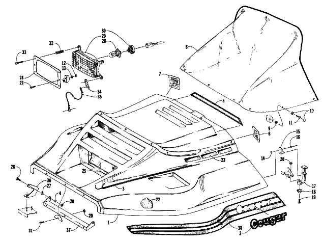 Parts Diagram for Arctic Cat 1986 COUGAR SNOWMOBILE HOOD ASSEMBLY