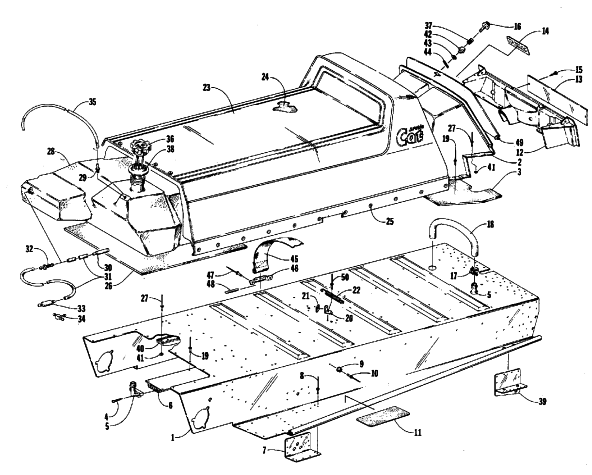 Parts Diagram for Arctic Cat 1987 CHEETAH F/C SNOWMOBILE TUNNEL, GAS TANK, SEAT, AND TOOLBOX