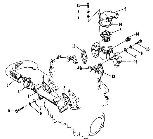 Parts Diagram for Arctic Cat 1986 EL TIGRE SNOWMOBILE WATER INTAKE AND THERMOSTAT MANIFOLDS