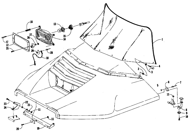 Parts Diagram for Arctic Cat 1987 EL TIGRE 6000 (650 L/C) SNOWMOBILE WINDSHIELD, HEADLIGHT, AND HOOD HINGE