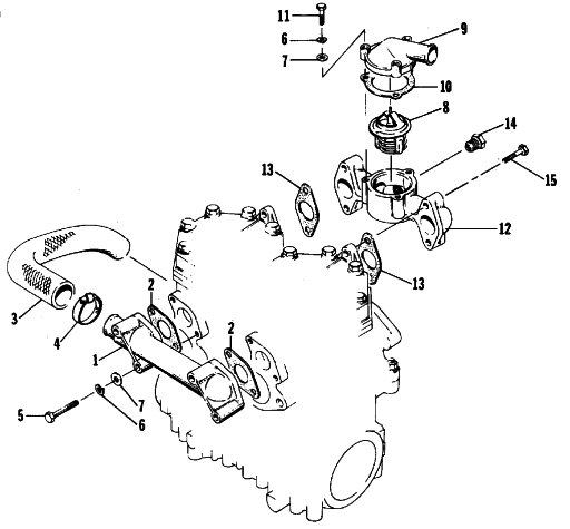 Parts Diagram for Arctic Cat 1987 CHEETAH L/C SNOWMOBILE WATER INTAKE AND THERMOSTAT MANIFOLDS
