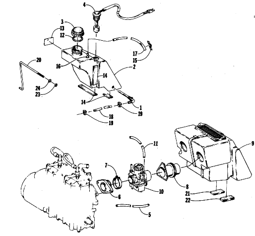 Parts Diagram for Arctic Cat 1987 EL TIGRE (530) SNOWMOBILE OIL TANK, CARBURETOR, FUEL PUMP, AND SILENCER