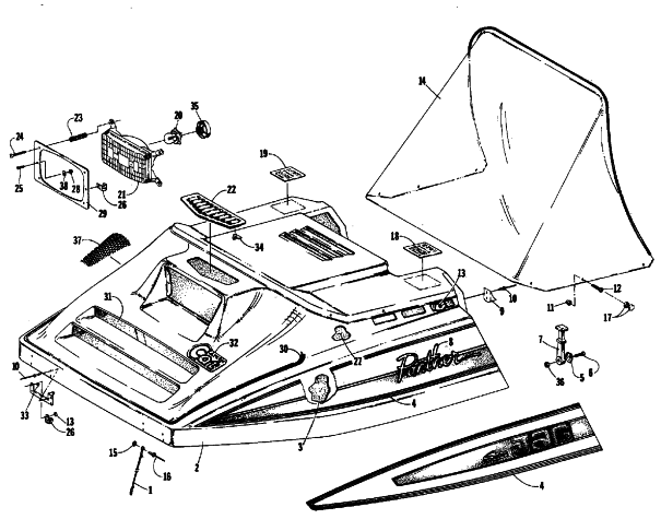 Parts Diagram for Arctic Cat 1987 SUPER JAG SNOWMOBILE HOOD ASSEMBLY