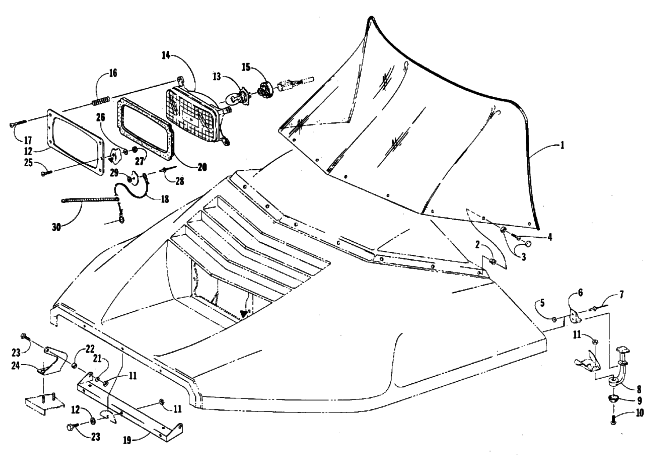 Parts Diagram for Arctic Cat 1988 EL TIGRE 5000 (440 L/C) SNOWMOBILE WINDSHIELD, HEADLIGHT, AND HOOD HINGE