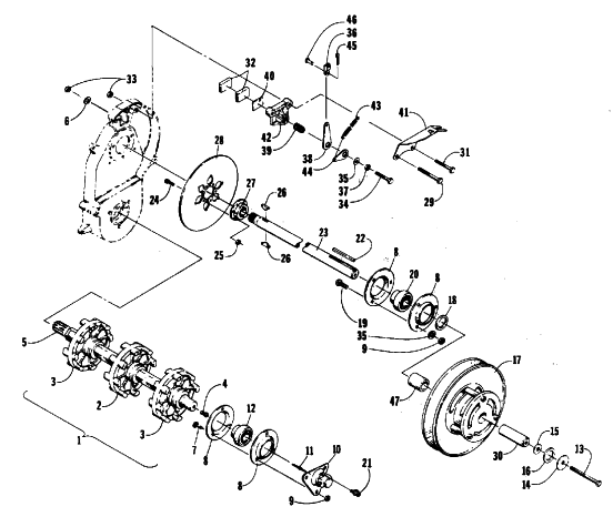 Parts Diagram for Arctic Cat 1988 SUPER JAG (440) SNOWMOBILE DRIVE TRAIN AND BRAKE ASSEMBLIES