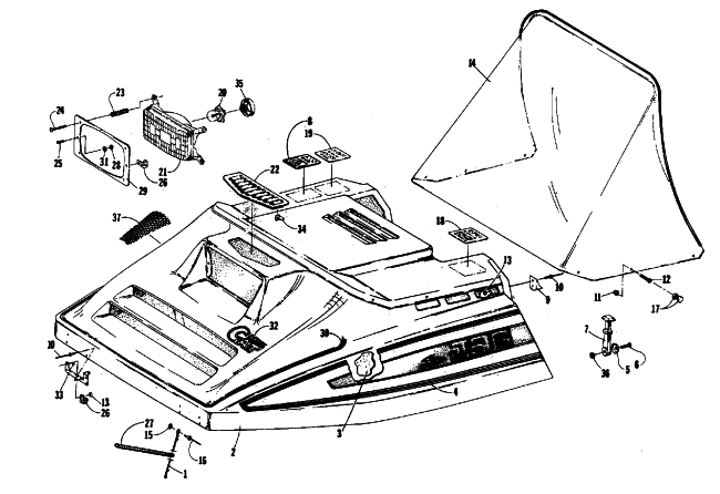 Parts Diagram for Arctic Cat 1988 SUPER JAG (440) SNOWMOBILE HOOD ASSEMBLY