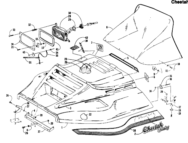 Parts Diagram for Arctic Cat 1988 CHEETAH TOURING (500 F/C) SNOWMOBILE HOOD ASSEMBLY