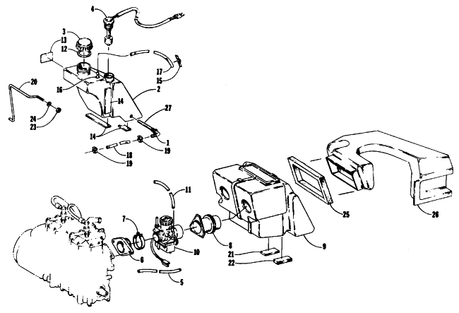 Parts Diagram for Arctic Cat 1988 EL TIGRE 6000 (530 L/C) SNOWMOBILE OIL TANK, CARBURETOR, AND AIR SILENCER ASSEMBLY