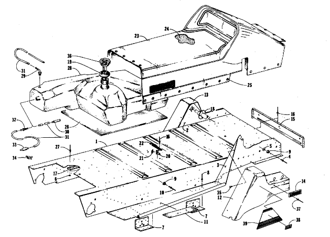 Parts Diagram for Arctic Cat 1988 COUGAR (500 F/C) SNOWMOBILE TUNNEL, GAS TANK AND SEAT