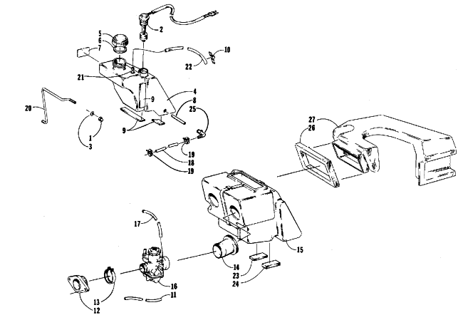 Parts Diagram for Arctic Cat 1988 CHEETAH TOURING (500 F/C) SNOWMOBILE OIL TANK, CARBURETOR, FUEL PUMP, AND SILENCER