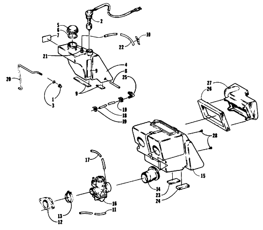 Parts Diagram for Arctic Cat 1989 CHEETAH TOURING SNOWMOBILE OIL TANK, CARBURETOR, FUEL PUMP, AND SILENCER