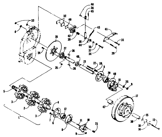 Parts Diagram for Arctic Cat 1989 SUPER JAG SNOWMOBILE DRIVE TRAIN SHAFTS AND BRAKE ASSEMBLIES