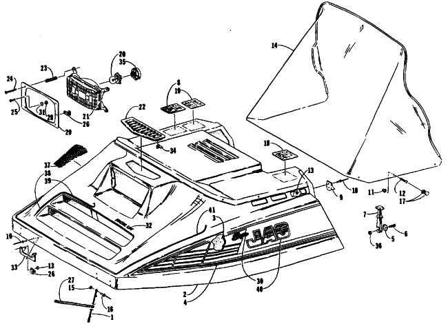 Parts Diagram for Arctic Cat 1989 SUPER JAG SNOWMOBILE HOOD ASSEMBLY