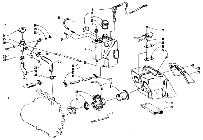 Parts Diagram for Arctic Cat 1989 EL TIGRE EXT SNOWMOBILE OIL/WATER TANK, CARBURETOR, AND SILENCER ASSEMBLIES