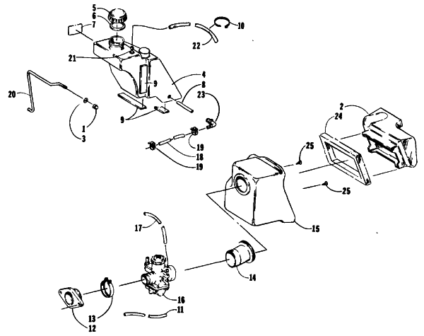 Parts Diagram for Arctic Cat 1990 JAG AFS LT SNOWMOBILE OIL TANK, CARBURETOR, FUEL PUMP, AND SILENCER