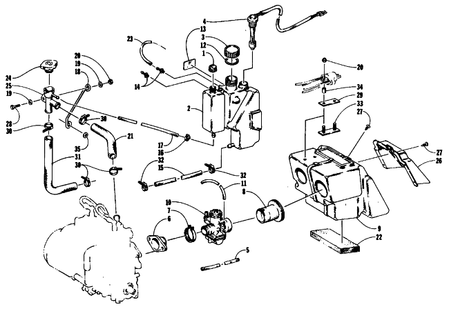 Parts Diagram for Arctic Cat 1989 WILDCAT 650 SNOWMOBILE OIL/WATER TANK, CARBURETOR, AND SILENCER ASSEMBLIES