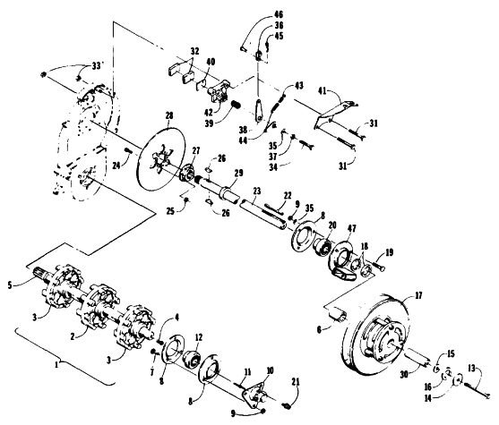 Parts Diagram for Arctic Cat 1989 PANTHER (440 F/C) SNOWMOBILE DRIVE TRAIN SHAFTS AND BRAKE ASSEMBLIES