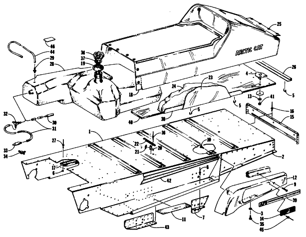 Parts Diagram for Arctic Cat 1990 COUGAR SNOWMOBILE TUNNEL, GAS TANK, SEAT, AND TOOLBOX