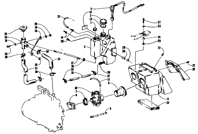 Parts Diagram for Arctic Cat 1990 EL TIGRE EXT SNOWMOBILE OIL/WATER TANK, CARBURETOR, AND SILENCER ASSEMBLIES