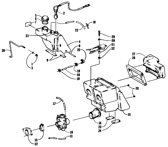 Parts Diagram for Arctic Cat 1990 COUGAR MOUNTAIN CAT SNOWMOBILE OIL TANK, CARBURETOR, FUEL PUMP, AND SILENCER