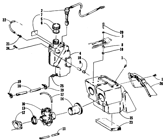 Parts Diagram for Arctic Cat 1990 CHEETAH TOURING SNOWMOBILE OIL TANK, CARBURETOR, FUEL PUMP, AND SILENCER