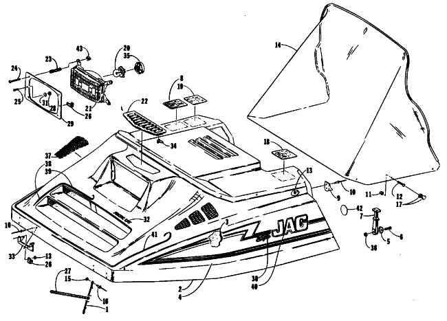 Parts Diagram for Arctic Cat 1990 SUPER JAG SNOWMOBILE HOOD ASSEMBLY