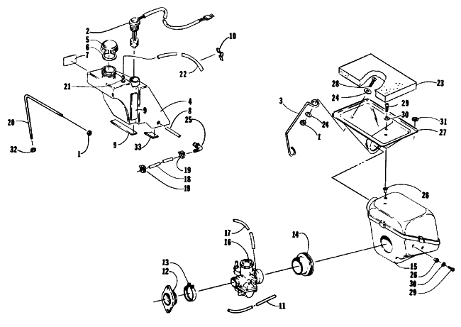 Parts Diagram for Arctic Cat 1990 SUPER JAG SNOWMOBILE OIL TANK, CARBURETOR, FUEL PUMP, AND SILENCER
