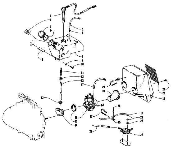Parts Diagram for Arctic Cat 1990 PROWLER SNOWMOBILE OIL TANK, CARBURETOR, FUEL PUMP, AND SILENCER