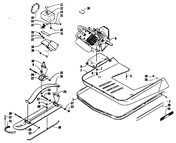 Parts Diagram for Arctic Cat 1992 KITTY CAT SNOWMOBILE SKI, ENGINE AND BELLY PAN