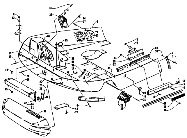 Parts Diagram for Arctic Cat 1991 COUGAR SNOWMOBILE BELLY PAN AND NOSE CONE ASSEMBLIES