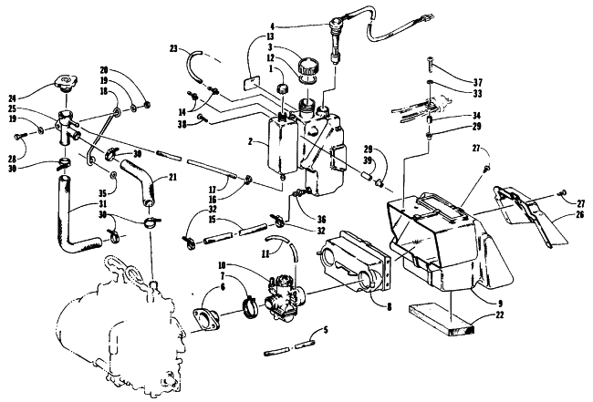 Parts Diagram for Arctic Cat 1991 WILDCAT 700 MOUNTAIN CAT SNOWMOBILE OIL/WATER TANK, CARBURETOR, AND SILENCER ASSEMBLIES