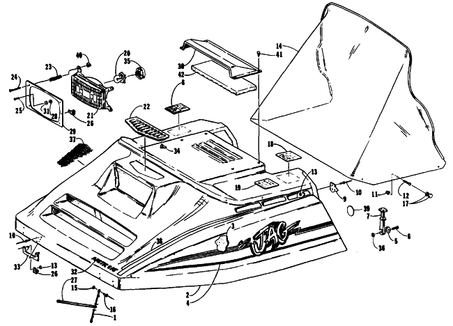 Parts Diagram for Arctic Cat 1991 SUPER JAG SNOWMOBILE HOOD ASSEMBLY