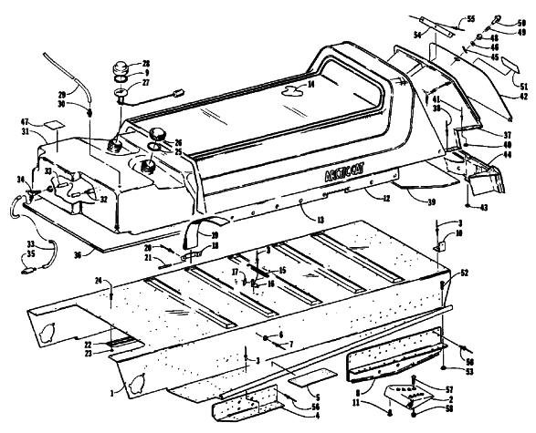 Parts Diagram for Arctic Cat 1991 SUPER JAG SNOWMOBILE BODY, SEAT AND GAS TANK