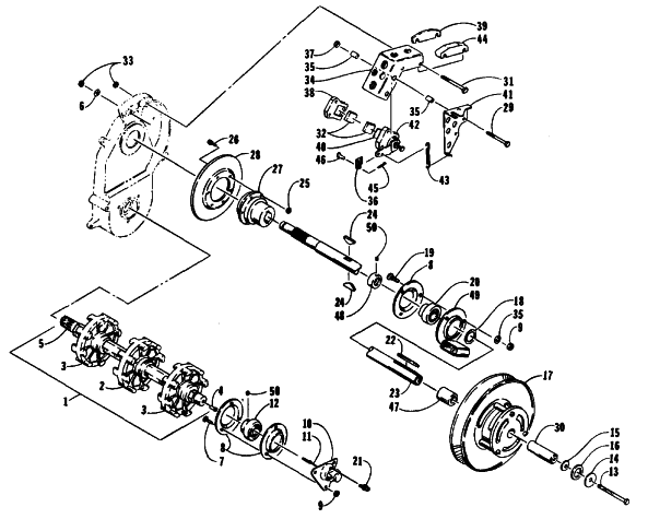 Parts Diagram for Arctic Cat 1991 SUPER JAG SNOWMOBILE DRIVE TRAIN SHAFTS AND BRAKE ASSEMBLIES