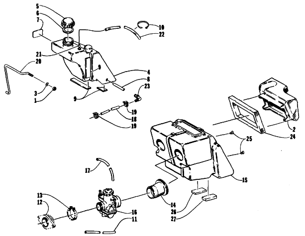 Parts Diagram for Arctic Cat 1991 JAG AFS SPECIAL SNOWMOBILE OIL TANK, CARBURETOR, FUEL PUMP, AND SILENCER