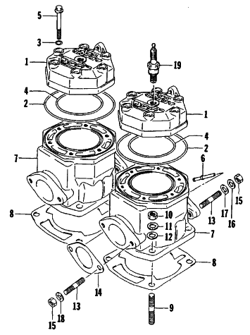 Parts Diagram for Arctic Cat 1992 EXT MOUNTAIN CAT SNOWMOBILE CYLINDER AND HEAD ASSEMBLY