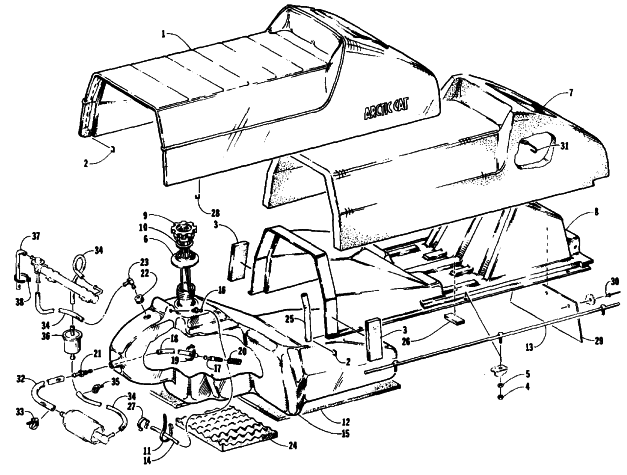 Parts Diagram for Arctic Cat 1991 WILDCAT EFI MOUNTAIN CAT SNOWMOBILE SEAT AND GAS TANK ASSEMBLIES