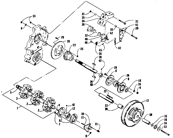 Parts Diagram for Arctic Cat 1992 CHEETAH TOURING SNOWMOBILE DRIVE TRAIN SHAFTS AND BRAKE ASSEMBLIES