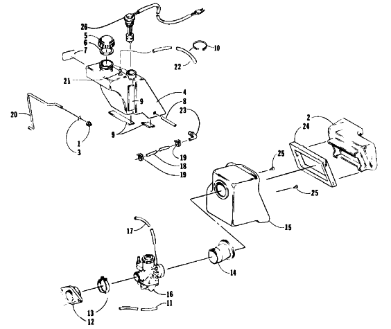 Parts Diagram for Arctic Cat 1992 JAG AFS LT 2 SPEED SNOWMOBILE OIL TANK, CARBURETOR, FUEL PUMP AND SILENCER