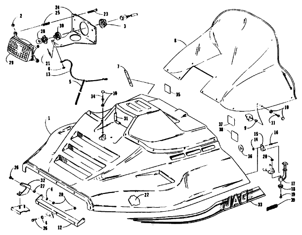 Parts Diagram for Arctic Cat 1992 JAG AFS LT 2 SPEED SNOWMOBILE HOOD ASSEMBLY